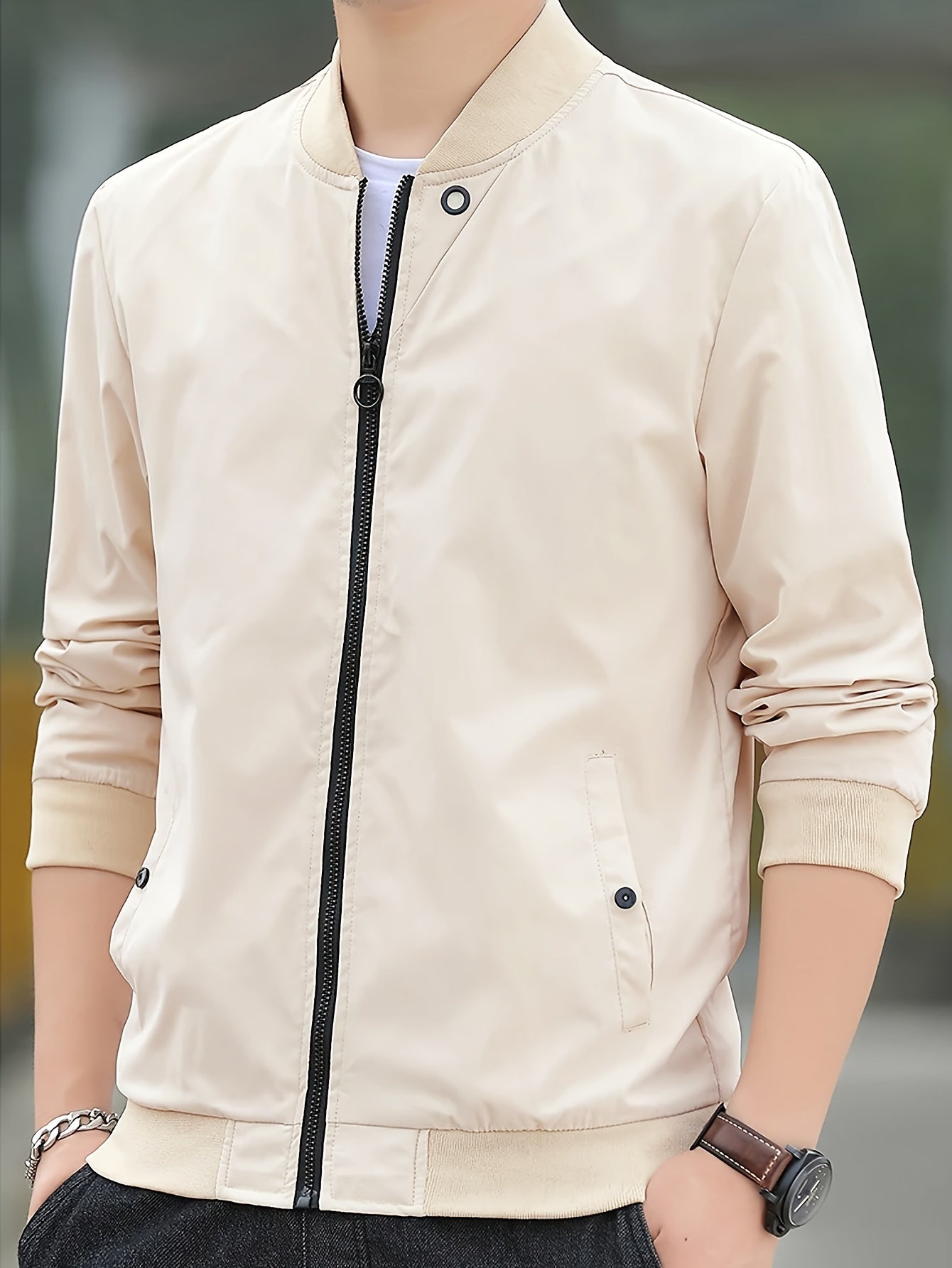 Solid Band Collar Zip-up Jacket for Men, perfect for Spring and Fall.