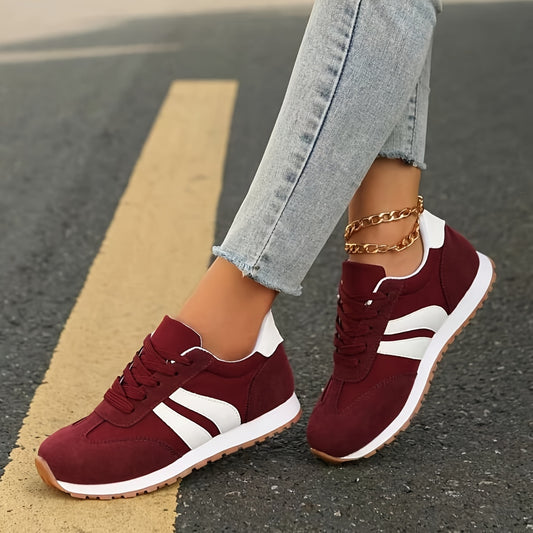 Women's wine red sneakers with soft soles, non-slip, lace-up, and round toes - perfect for students.