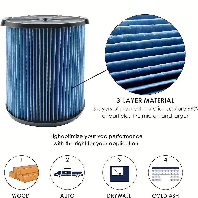 Compatible with Craftsman CMXZVBE38751 vacuum filter - Designed to fit shop vacuums ranging from 18.93 to 75.71 liters, made of blue paper material.