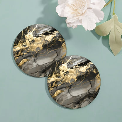 6 golden grey marbled coasters with rubber and non-slip backing, perfect for drinks and decor in your home or kitchen. Great housewarming gift.