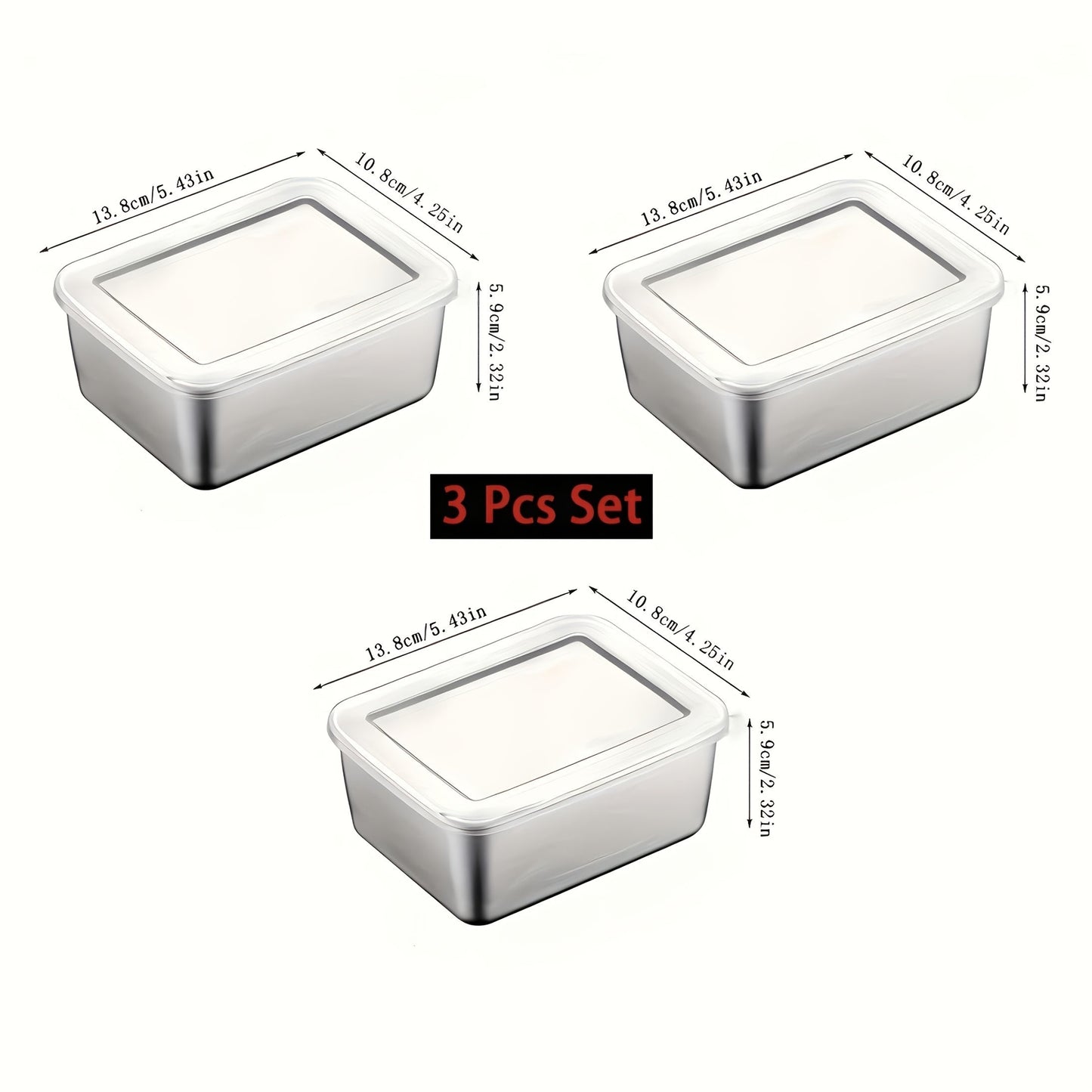 Set of three stainless steel food storage containers with lids - square shape, manual operation, no electricity required - ideal for use in the kitchen and dining area.