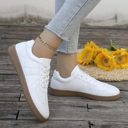 White women's sneakers for 2024, casual and versatile with breathable PU cover, lace-up low tops, thick sole for all seasons.