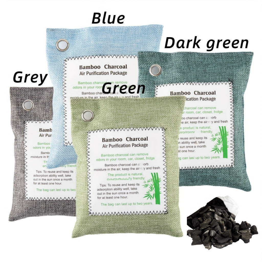 4 bags of 200g bamboo charcoal packs in four colors for odor elimination in various spaces.