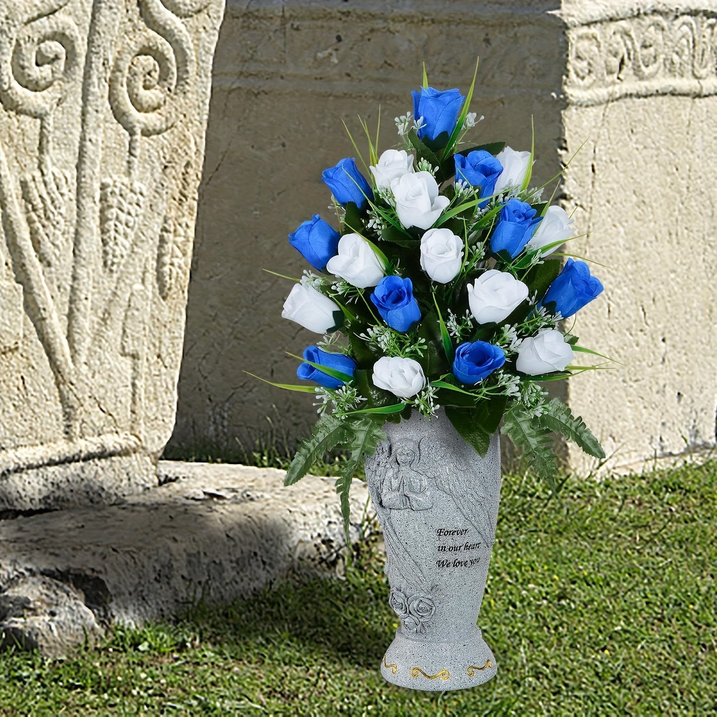 Elegant Angel Memorial Cemetery Vase with ground spikes for fresh or artificial flowers. Engraved with "Forever in Our Heart" design. Perfect sympathy gift for loved ones and Memorial Day