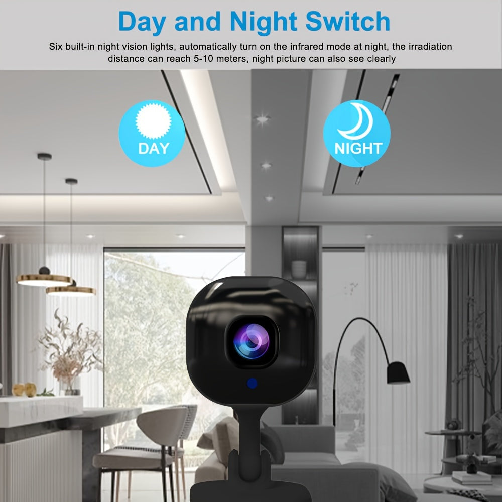 Home surveillance camera with wireless 2.4G WiFi connectivity, night vision, motion detection, instant alert capabilities, two-way audio, remote monitoring, and 480p video quality. USB powered for easy setup, designed for home and pet security, suitable