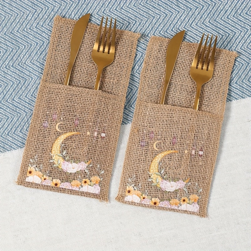 5 Eid Mubarak Burlap Gift Bags with Moon, Lantern & Star Designs for Ramadan Kareem Party Supplies and Islamic Muslim Home Decor. Made of Durable Linen Material with an Elegant Burlap