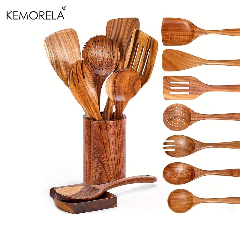 Set of 9 wooden spoons and utensils for cooking, complete with a utensil holder. Made from teak wood, this kitchen utensil set also includes a spoon rest. Perfect for all your cooking needs.