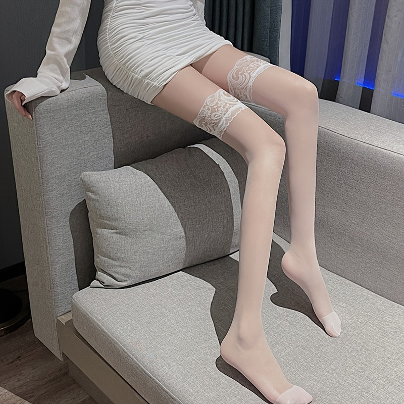 Slip-resistant lace trim thigh-high stockings and hot thin mesh over-the-knee socks for women.