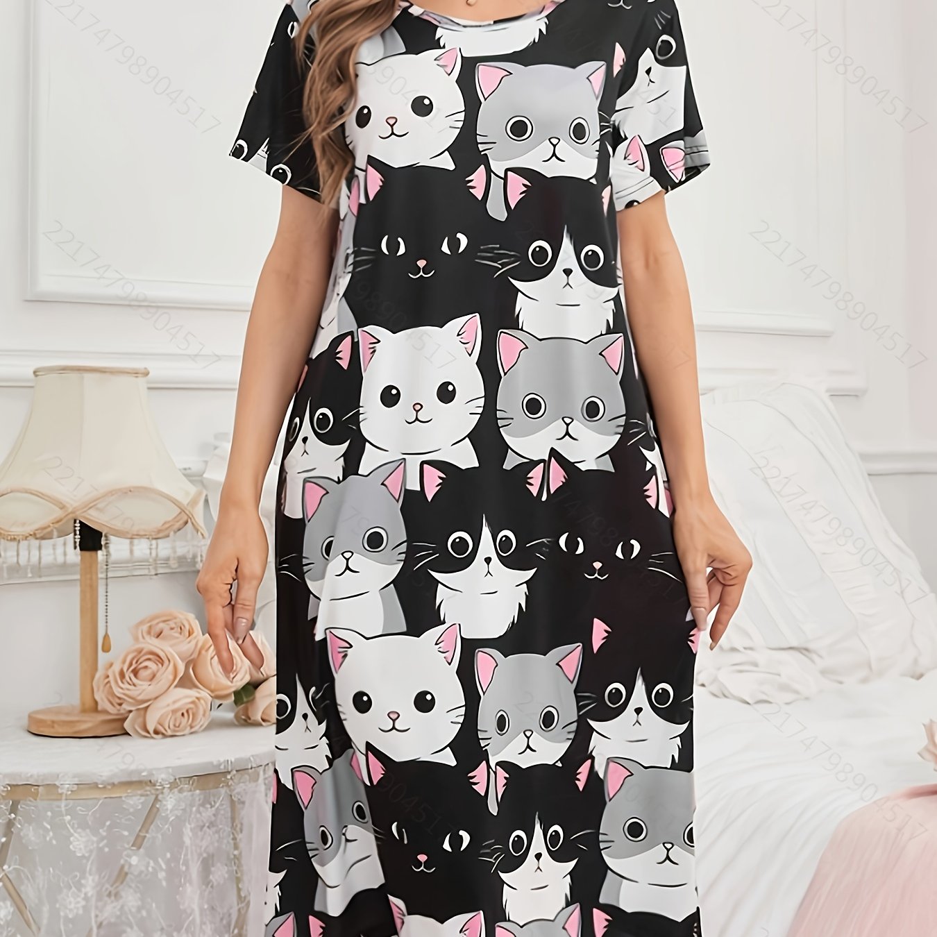 Women's knee-length sleep dress with cute cat print, made of soft polyester and elastane blend. Machine washable and perfect for all seasons.