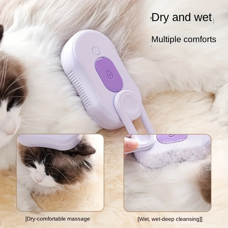 USB rechargeable 3-in-1 steam pet brush for cats and dogs with long and short hair, made of plastic with silicone bristles. Voltage: ≤36V.