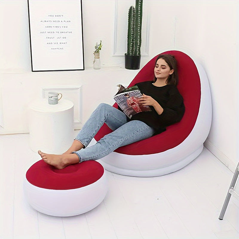 Inflate your relaxation with the 1pc Inflatable Lounge Chair with Footstool. This portable PVC Lazy Sofa Bed offers easy inflation and manual reclining for ultimate comfort. Perfect for indoor or outdoor use, this foldable chair comes with a detachable