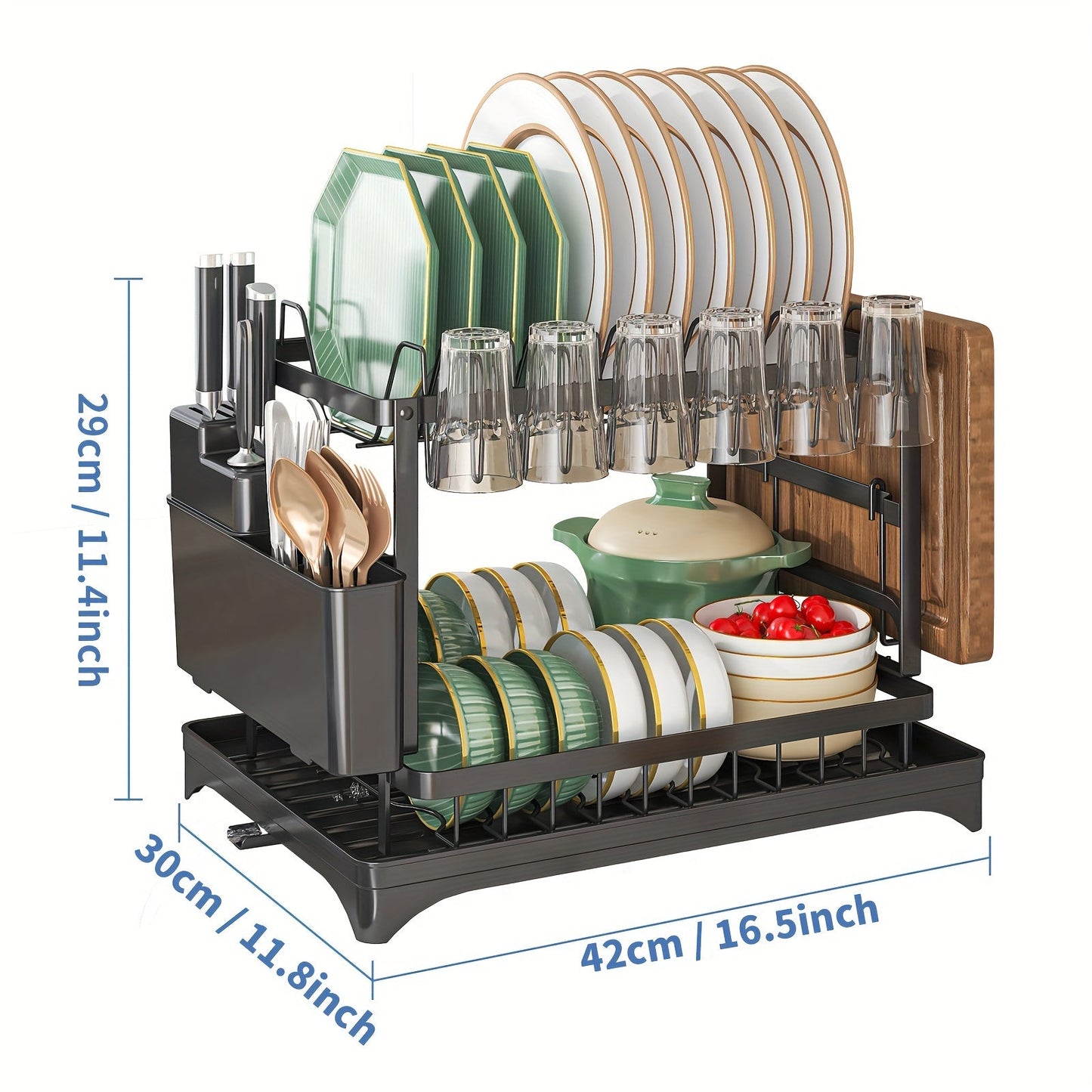 Kitchen Counter Rustproof 2-Tier Dish Drying Rack with Double Layer, Drainboard, and Utensil Holder - Ideal for Kitchen Accessories