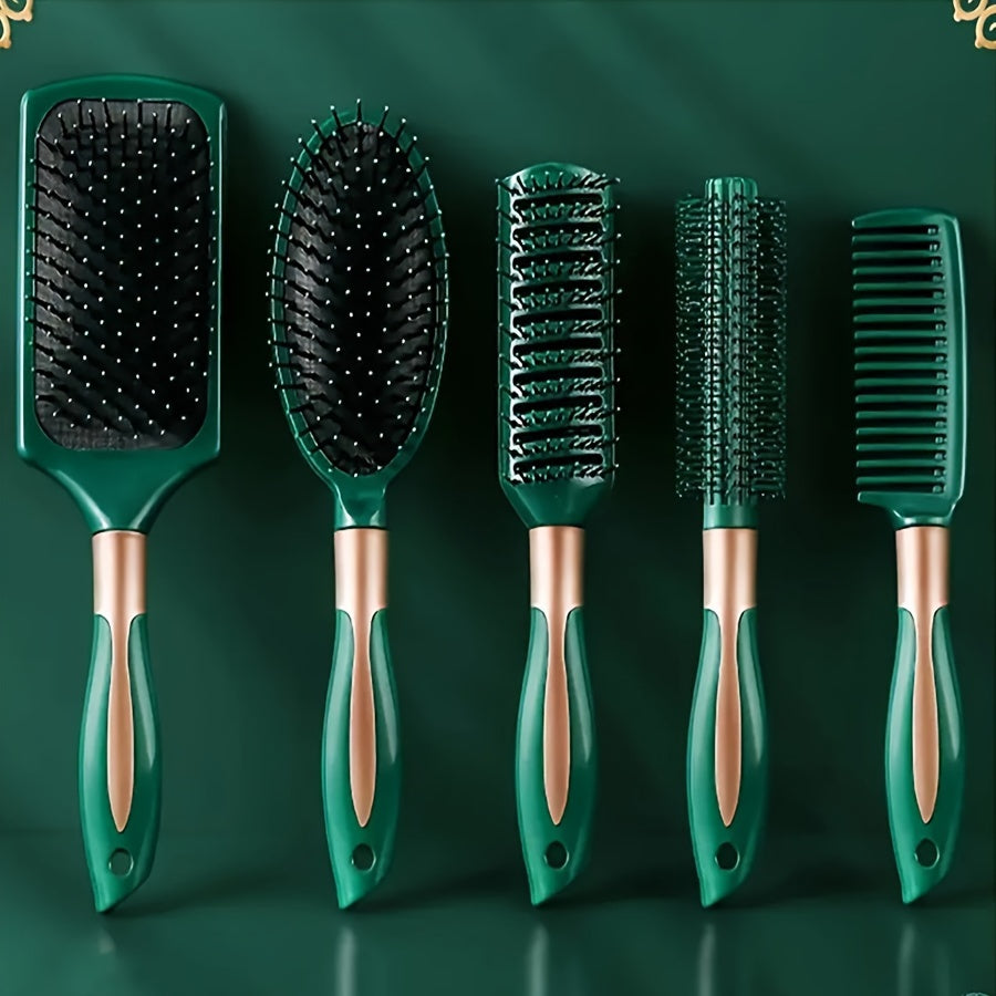 Hair brush set with 3pcs/5pcs including air cushion comb, round curling brush, and detangling brush. Features anti-static plastic bristles, wide tooth design, ABS handle. Ideal for straight