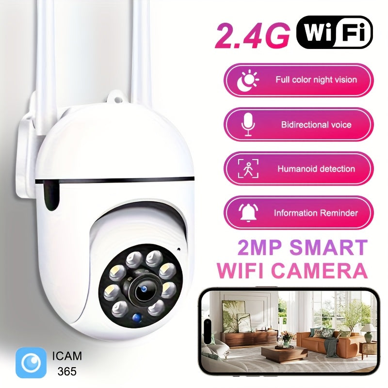 One-piece PTZ WiFi Security Camera with 1080P HD resolution for indoor use. Features include Color Night Vision, 2-Way Audio, Motion Detection, Smartphone Compatibility, Wall Mount, 355° Horizontal and 90° Vertical Rotation. Powered by USB.