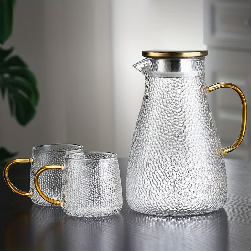 Durable and Elegant Glass Pitcher with Golden Handle - Perfect for Serving Cold Beverages, Tea & Water - Large Capacity, Heat-Resistant Carafe - Dishwasher Safe, Ideal for Home & Restaurant Use