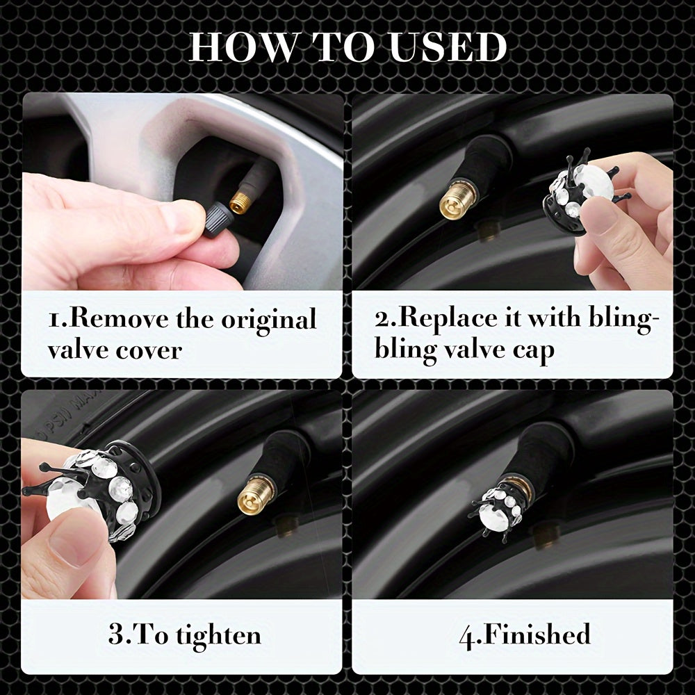 Pair of 2 Crown-shaped Car Tire Valve Stem Caps made of ABS Plastic with Rhinestone Embellishments, Non-Electric Decorative Wheel Air Valve Covers