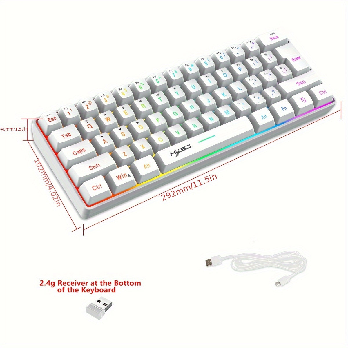 HXSJ Mini Wireless Gaming Keyboard with RGB Backlit and 61 keys for Office/Home Use.