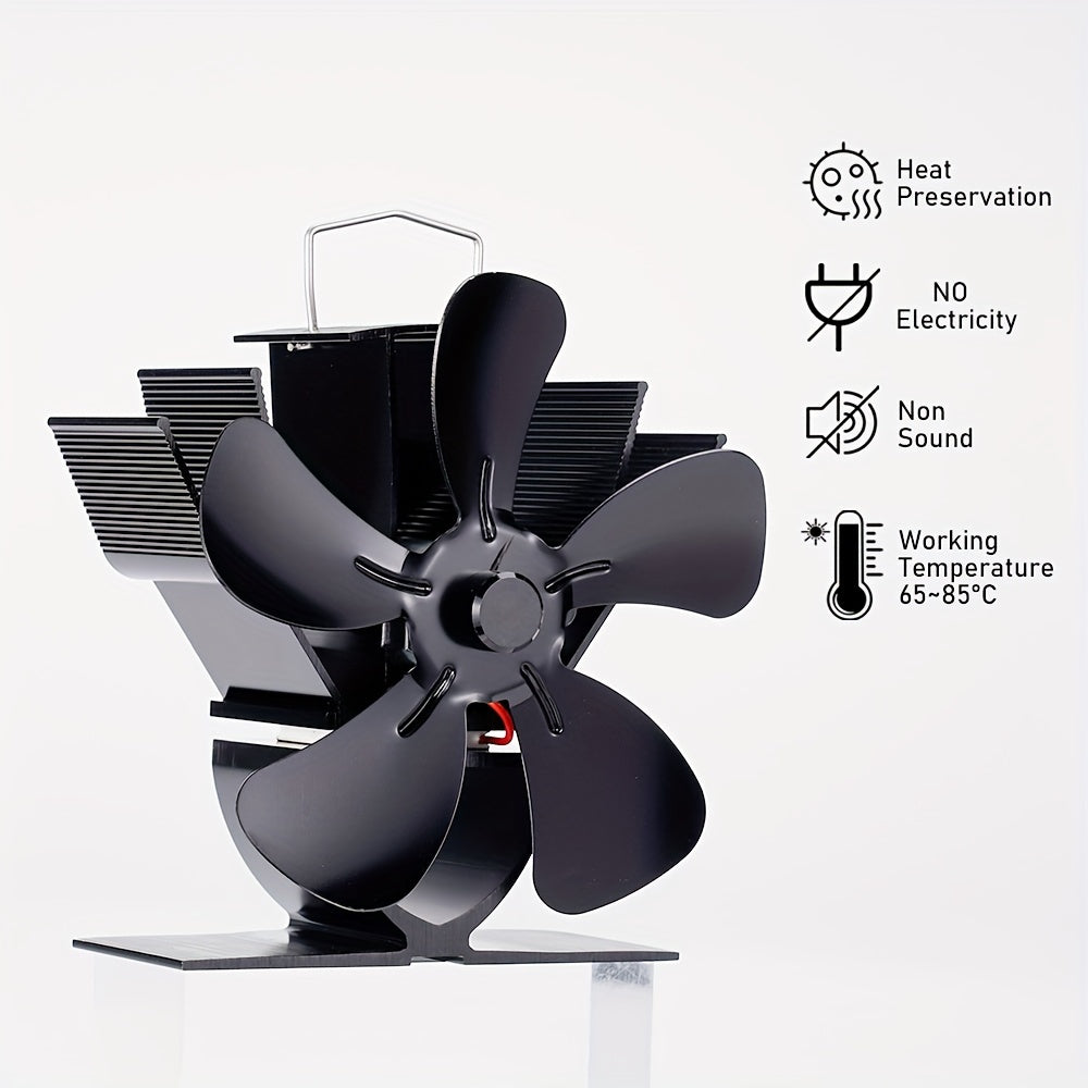 Portable aluminum stove fan with five blades for wood burning fireplaces, operates silently using heat, equipped with multiple components for exhaust, does not require electricity.