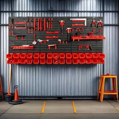 Practical 49-piece tool rack set with storage for screws, nuts, bolts, nails, beads, and small hardware. Designed for wrenches and screwdrivers, with a red and black wall-mounted storage