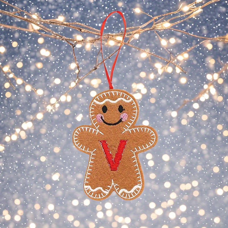 Embroidered gingerbread man ornament for Christmas decoration, made of fabric material. Classic style and no power required. Perfect for home and kitchen use.