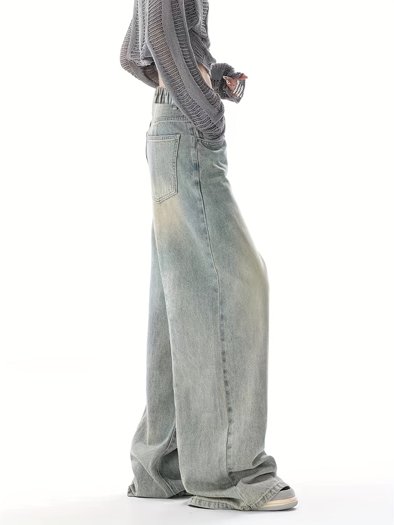 Durable vintage washed grey wide-leg jeans for teen girls with elastic waistband, machine washable, allseason denim.