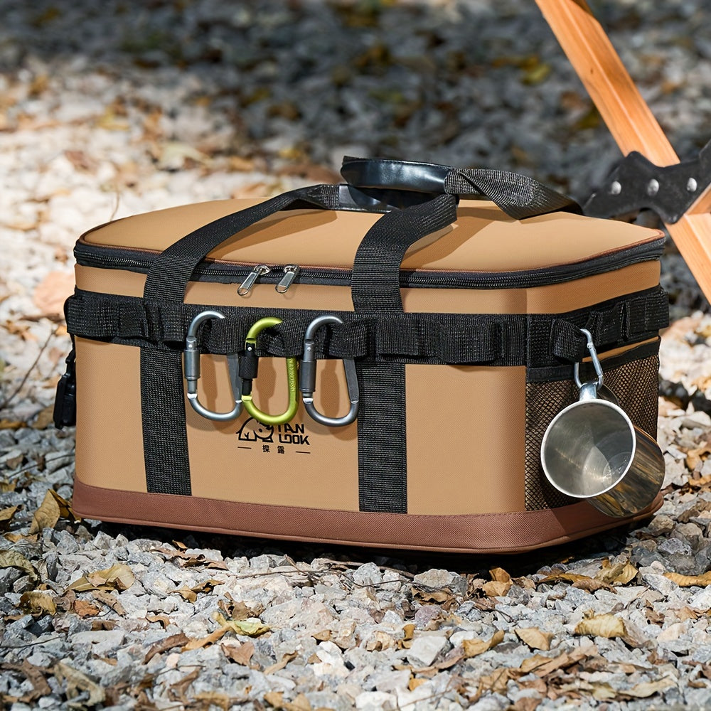 Large capacity polyester cooler bag with dual color options, carry handles, and carabiner hook for outdoor activities.