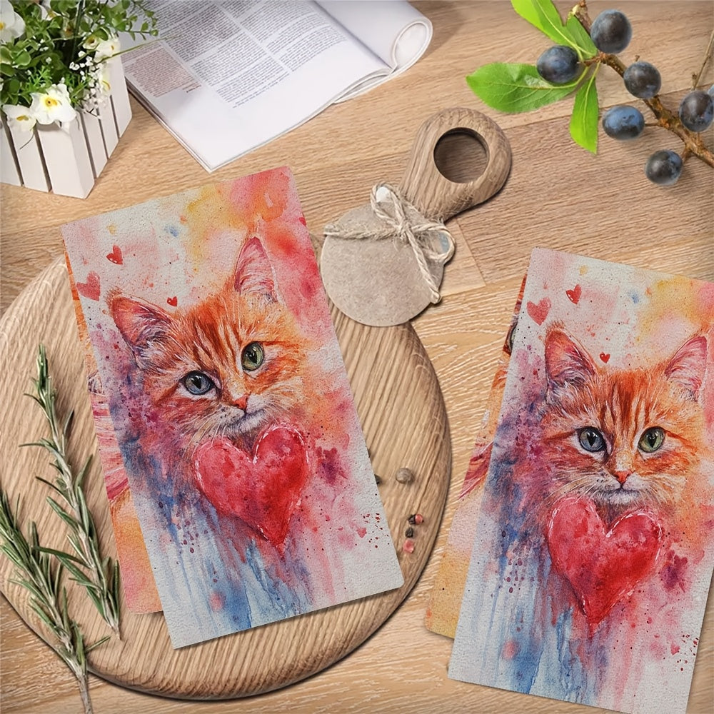 Pair of 2 Ultra-Soft Kitchen Towels with Adorable Kitty Design, Ideal for Valentine's Day. These Highly Absorbent Dish and Hand Towels are Great for Holiday Decor, Machine Washable, and Measure 40.64X60.96 cm.