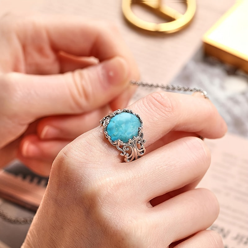 Stunning 925 Sterling Silver Cuff Ring with Turquoise, Intricate Floral Filigree Pattern, Adjustable Fit, Allergy-Free, Lightweight at 3.8g, Perfect for Everyday or Special Occasions, Great Gift for Mother's Day.