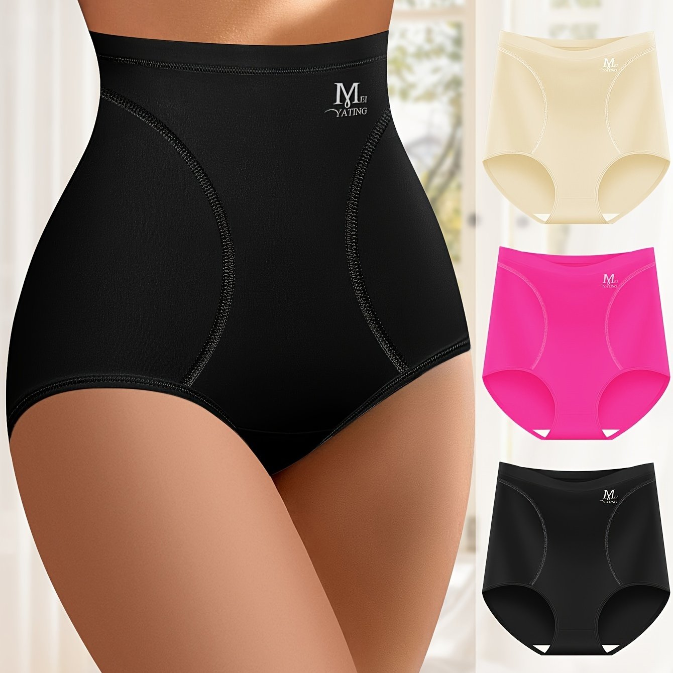 3-Pack of MIOTAN high-waisted tummy control briefs for women made of seamless solid color fiber with an elegant style and comfortable fit. They are designed for shaping and lifting, made of