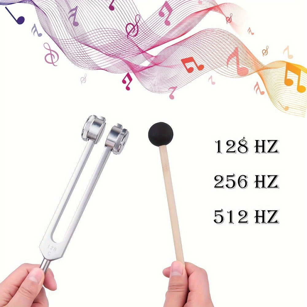 Aluminum alloy Chakra Healing Tuning Fork Set 128Hz, 256Hz, 512Hz for therapy, hearing care, and sound healing. Includes mallet.