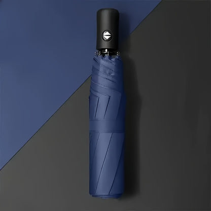 Essential for executives! Eight-bone automatic folding umbrella, windproof and rain-resistant. One-button operation for easy use in any weather. Available in navy blue, black, red, and dark