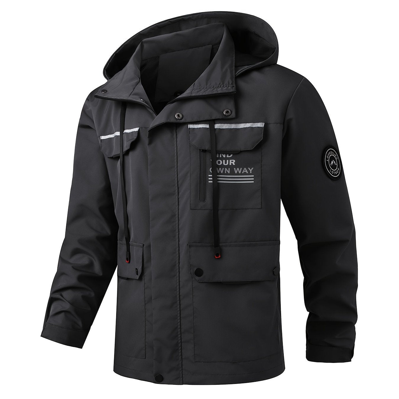 Windproof men's outdoor jacket, detachable hood, multi-pocket design, machine washable polyester, college style for autumn and winter, plus size.