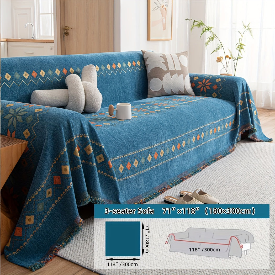 Boho-style sofa cover for all seasons with non-slip feature, suitable for bedroom, office, living room, and home decor.