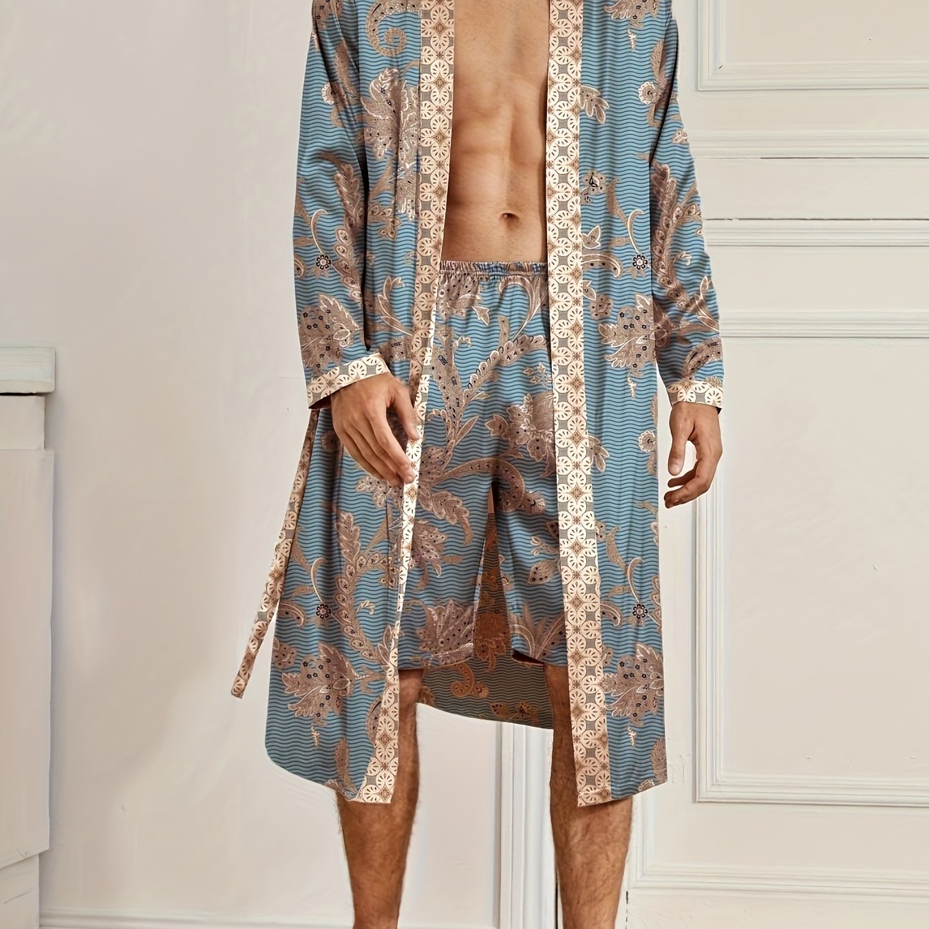 Men's elegant and light luxury pajama set with stylish floral print, featuring a V-neck long sleeve robe and shorts for home wear.