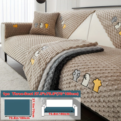 Modern honeycomb fleece sofa cover with embroidered design, pet-friendly protection for furniture, plush slipcover for various sofas. One-piece design with anti-slip backing for home and office decor.