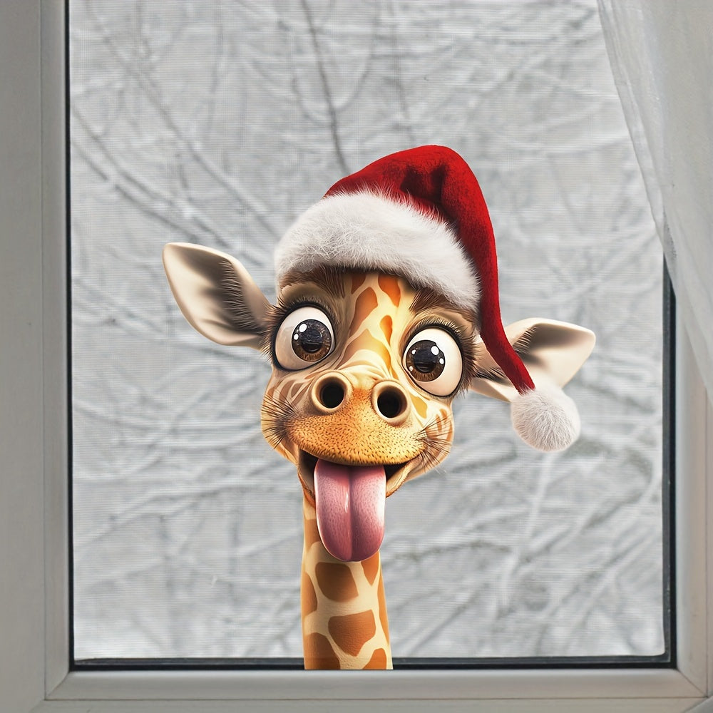 Giraffe wearing a hat and sunglasses Christmas window stickers, candy and deco art decals for Christmas party decorations in the home.