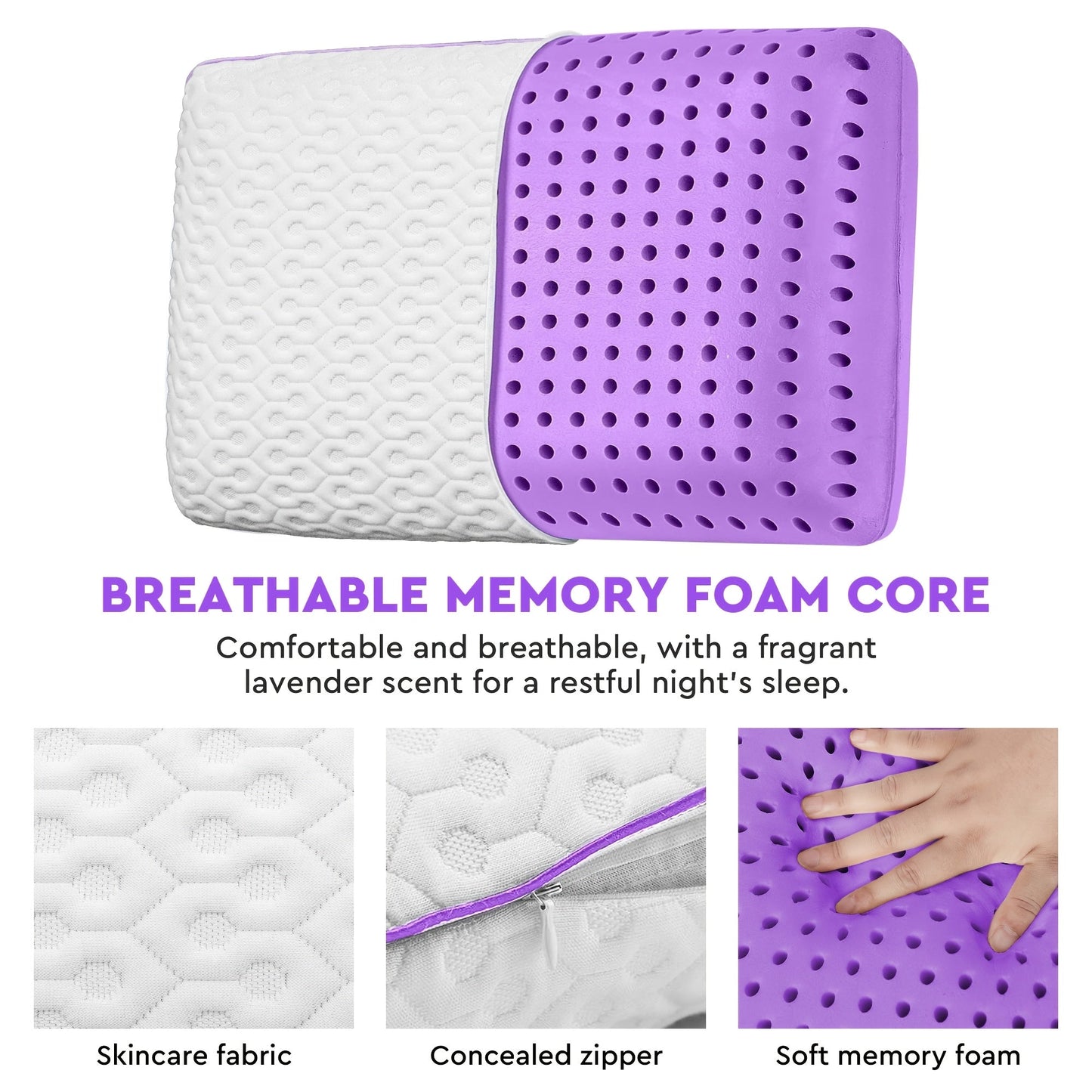 This Lavender Aromatherapy Memory Foam Pillow is perfect for back, stomach, and side sleepers. The cooling pillow is scented with lavender for a soothing sleep experience. The memory foam pillow core is infused with a relaxing lavender scent, making it