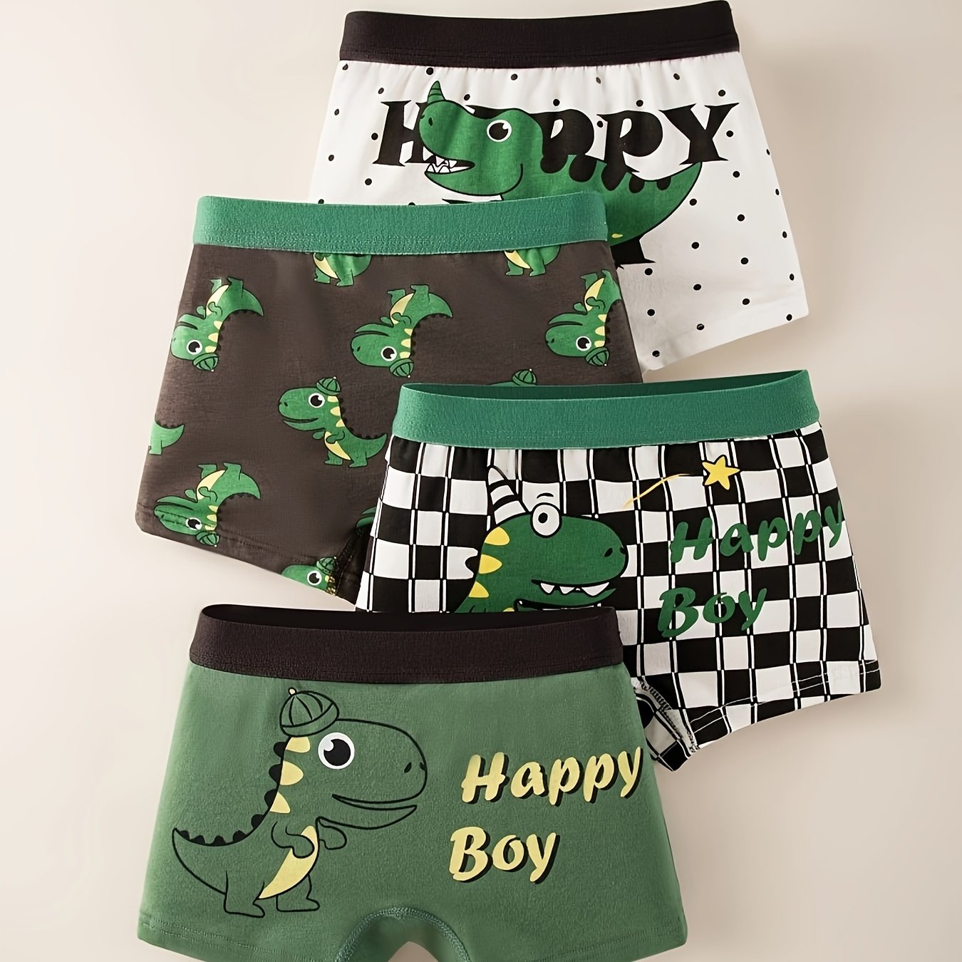 4 children's boxer briefs with cute dinosaur print, made of soft breathable cotton, suitable for all seasons.