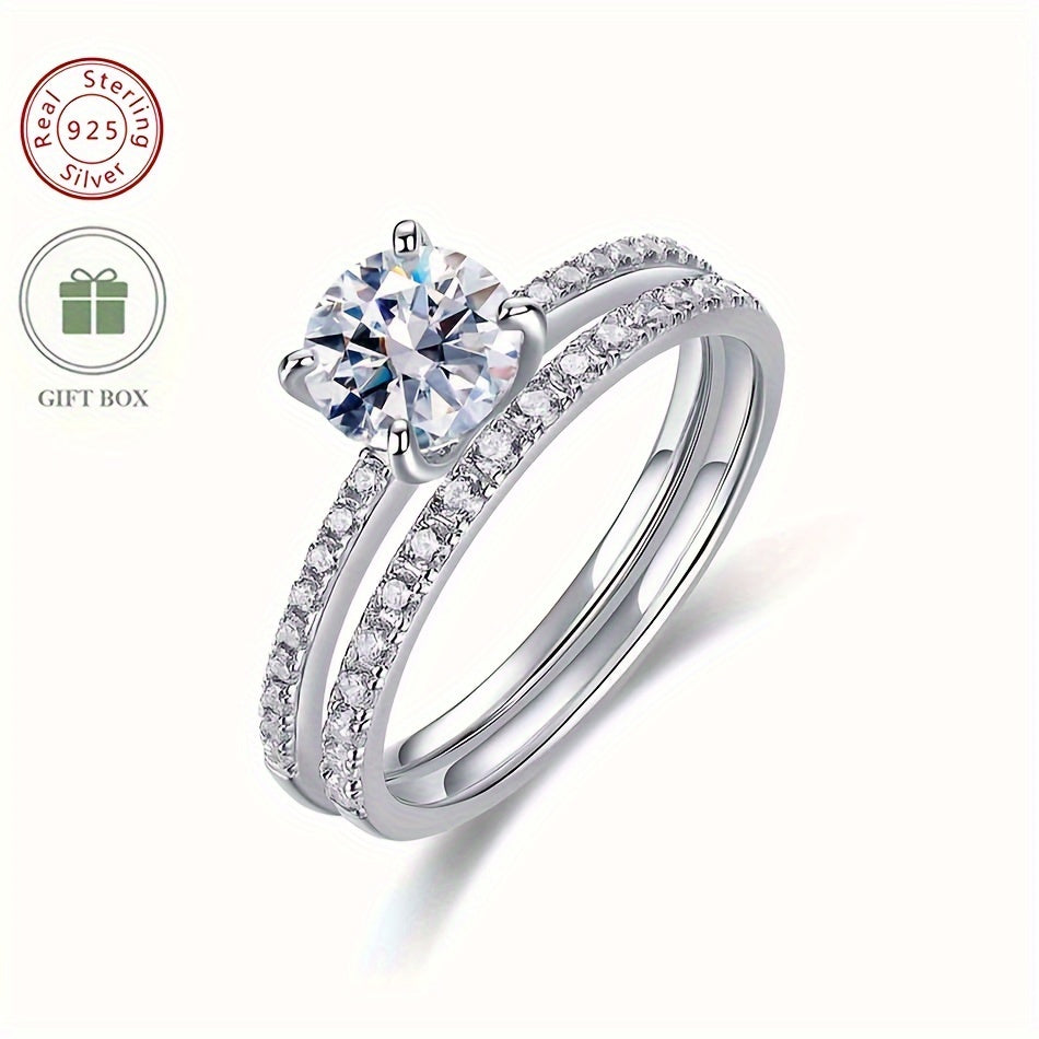 WES Elegant & Sexy Double Band Moissanite Wedding Ring featuring a 1CT stone. Crafted with 925 Sterling Silver and plated with 14K Gold, this stunning ring can also be worn as a removable engagement ring. A timeless and classic fashion piece, perfect for