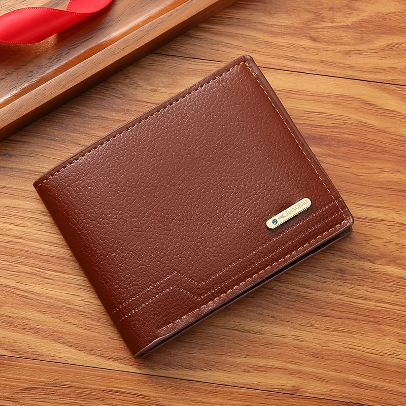 Men's faux leather wallet features a solid color with color block detail, non-braided weave, and a compact short bifold design for easy carry.