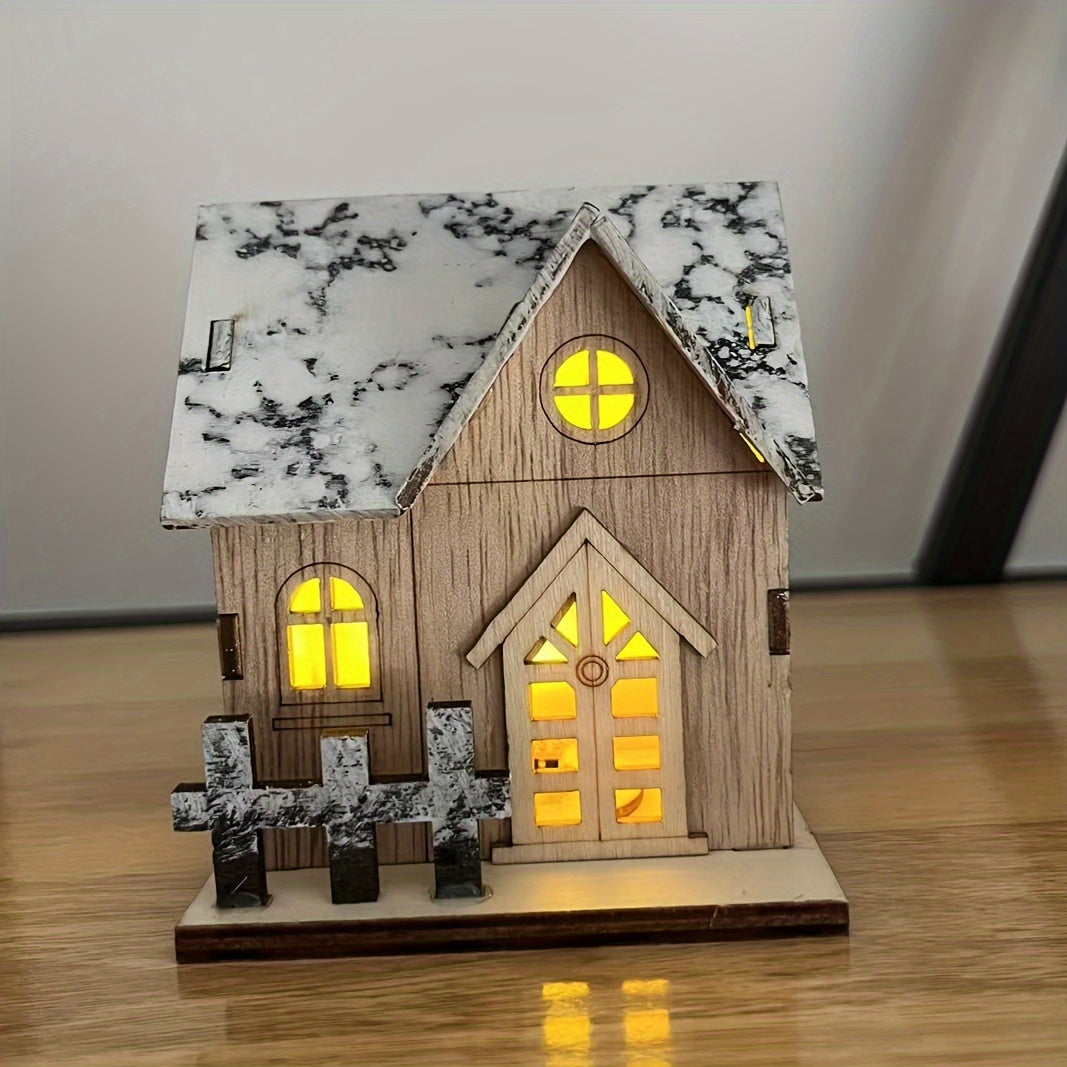 1pc Wooden House Ornaments for Christmas, Luminous LED Tabletop Decor