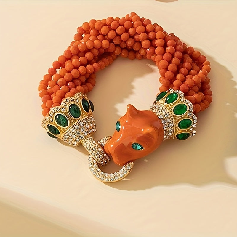 Handcrafted Leopard Print Necklace and Bracelet Set Featuring Unique Heavy Glass Beads and Exaggerated Enamel Clavicle Chain. Perfect for Women's Daily Wear or Festive Gatherings, Adding an Element of Elegance and Luxury to any Outfit.