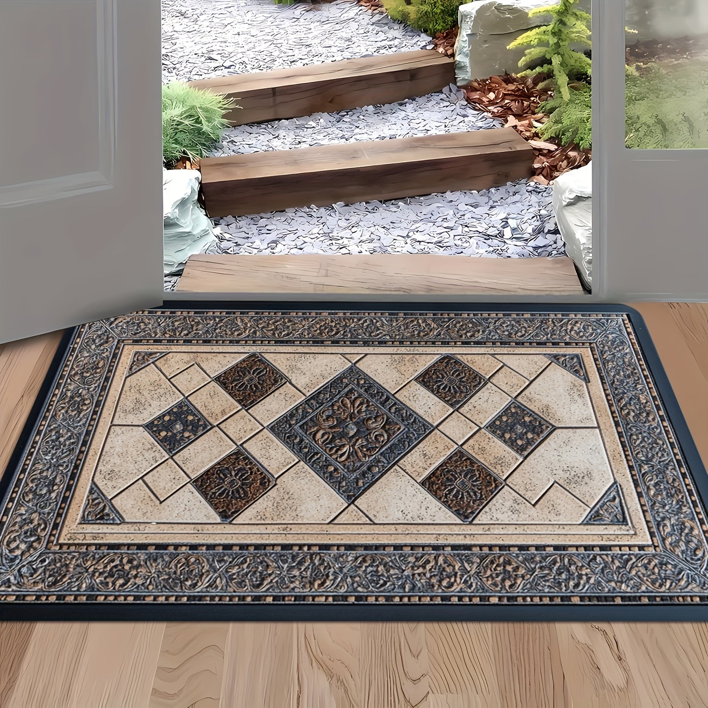 Rectangular door mat with decorative ceramic tile pattern, suitable for indoor and outdoor use. Made of machine washable polyester, ideal for living room, bedroom, kitchen, and office.