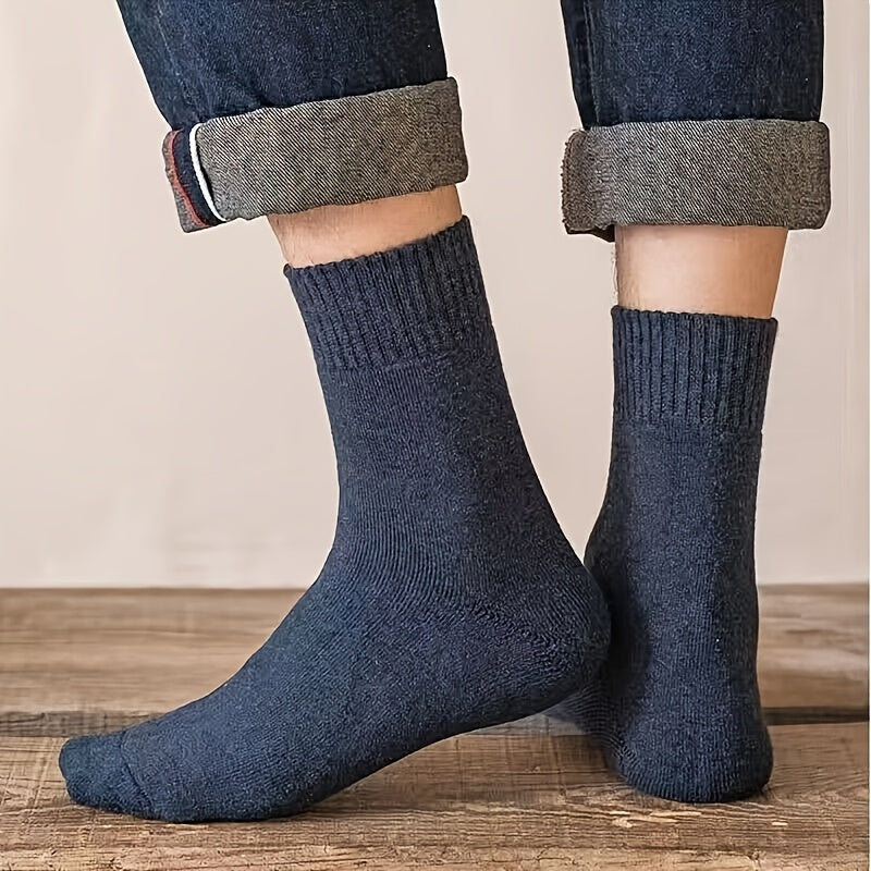 Set of 3/5 Men's Thickened Warm Mid-Calf Socks in Solid Colors for Autumn and Winter Comfort