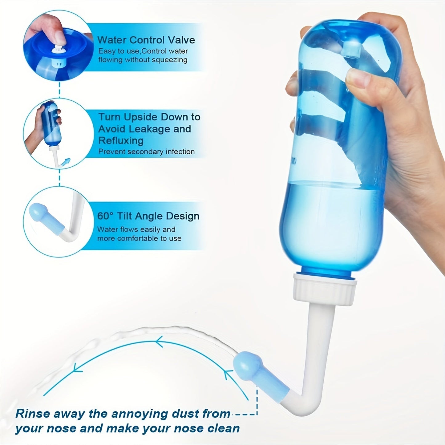 Nasal wash bottle for sinus relief and nose care, includes neti pot for nasal irrigation. BPA-free and ideal for those suffering from rhinitis, allergies, colds, and flu. Available in 300ml or 500ml sizes.