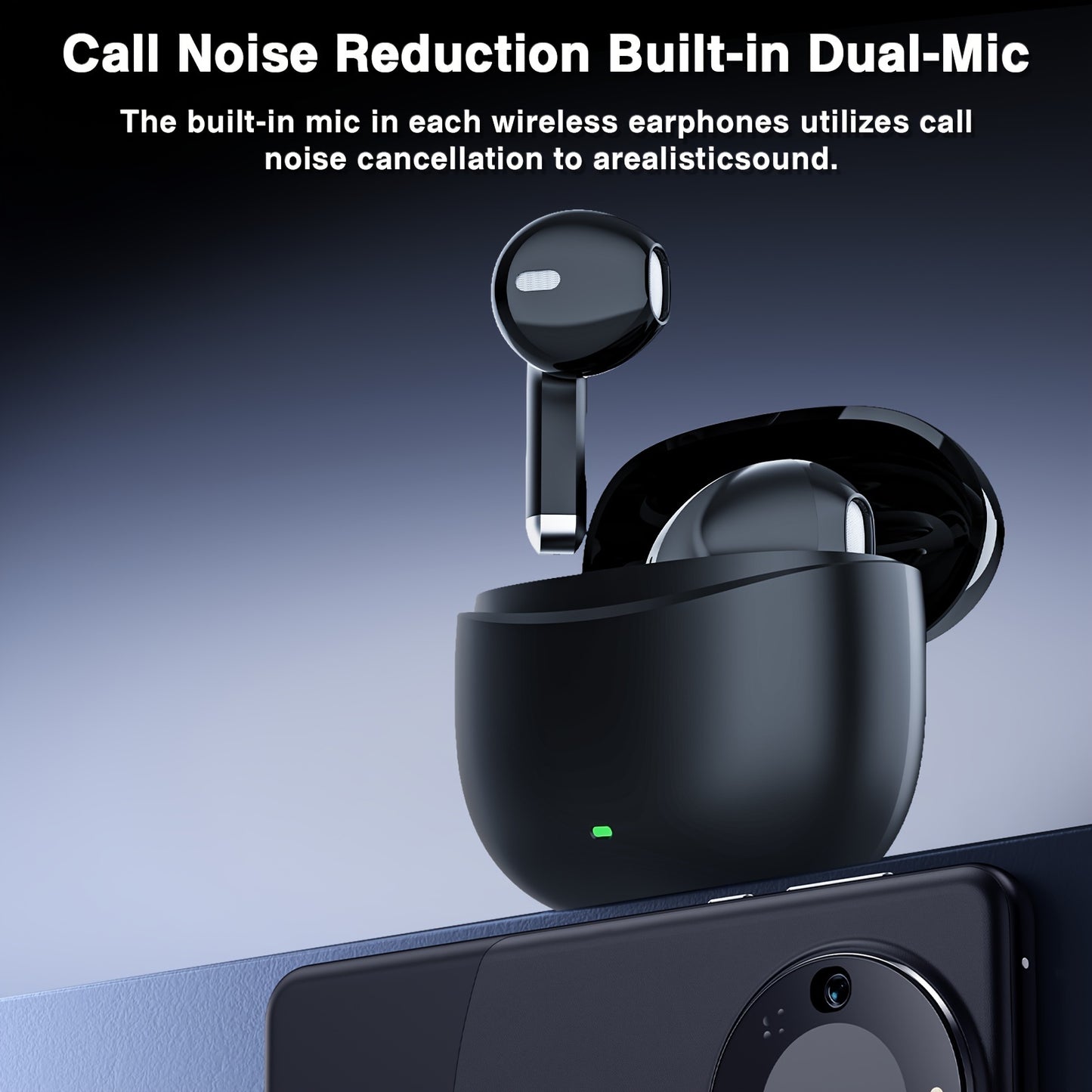 Wireless earphones with dual mic for noise reduction, fast pairing, and long standby time.