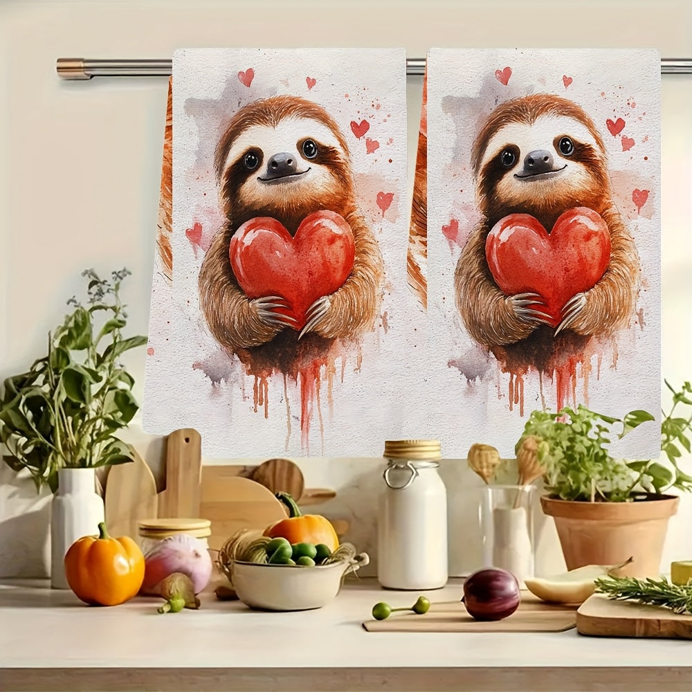 Valentine's Day Kitchen Towels - Set of 2, Ultra Soft, Loveable Sloth Print, Humorous and Cute, Highly Absorbent Dish Hand Towels for Holiday Decor, Machine Washable, 16x24 Inch