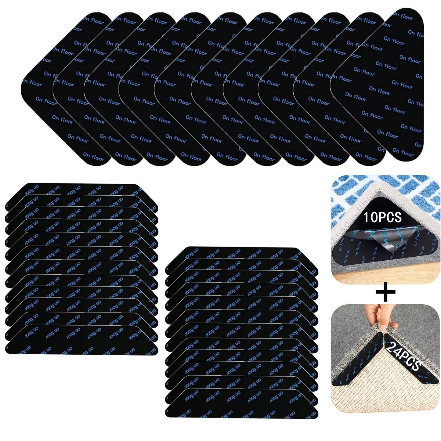 Prevent Sliding and Curling with our Advanced Anti-Slip Carpet Fixer - Available in 12pcs, 32pcs, and 34pcs. These Double-Sided Washable Stickers in Black are Suitable for Living Room, Dining Room, and Bathroom Carpets.