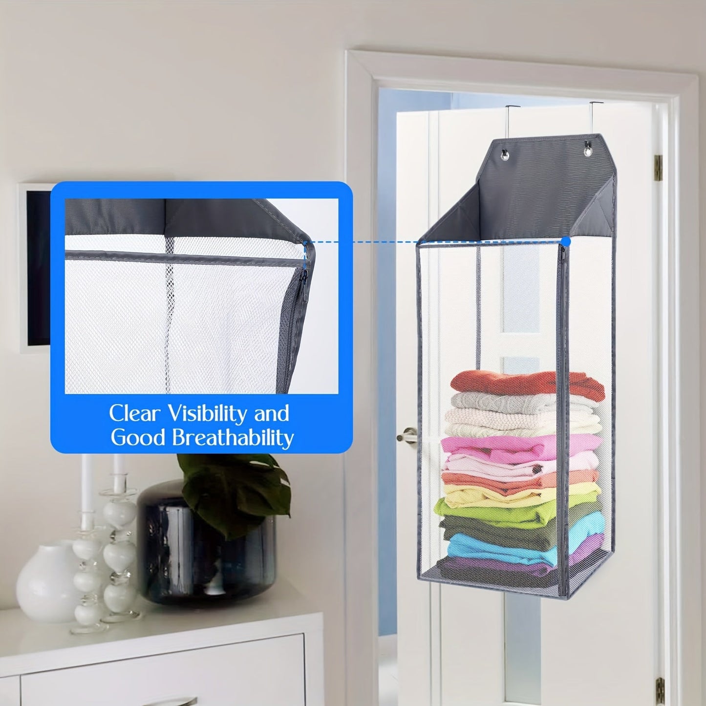 Foldable hanging laundry hamper with hooks, zipper, and large mesh design - ideal for bathrooms, dorms, and small spaces. Convenient wall-mounted storage basket for dirty clothes. Ideal for laundry organization.