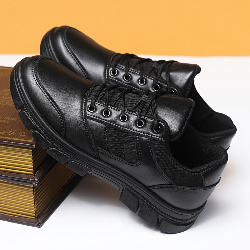 Men's black lace-up casual sneakers with fabric inner, PVC sole, and cloth insole.